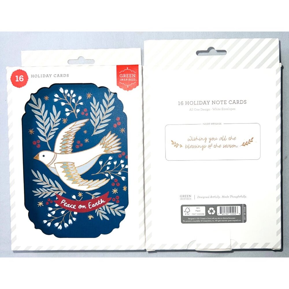 2) 16 Holiday Cards w Envelopes All One Design Dove & Peace On Earth Message
